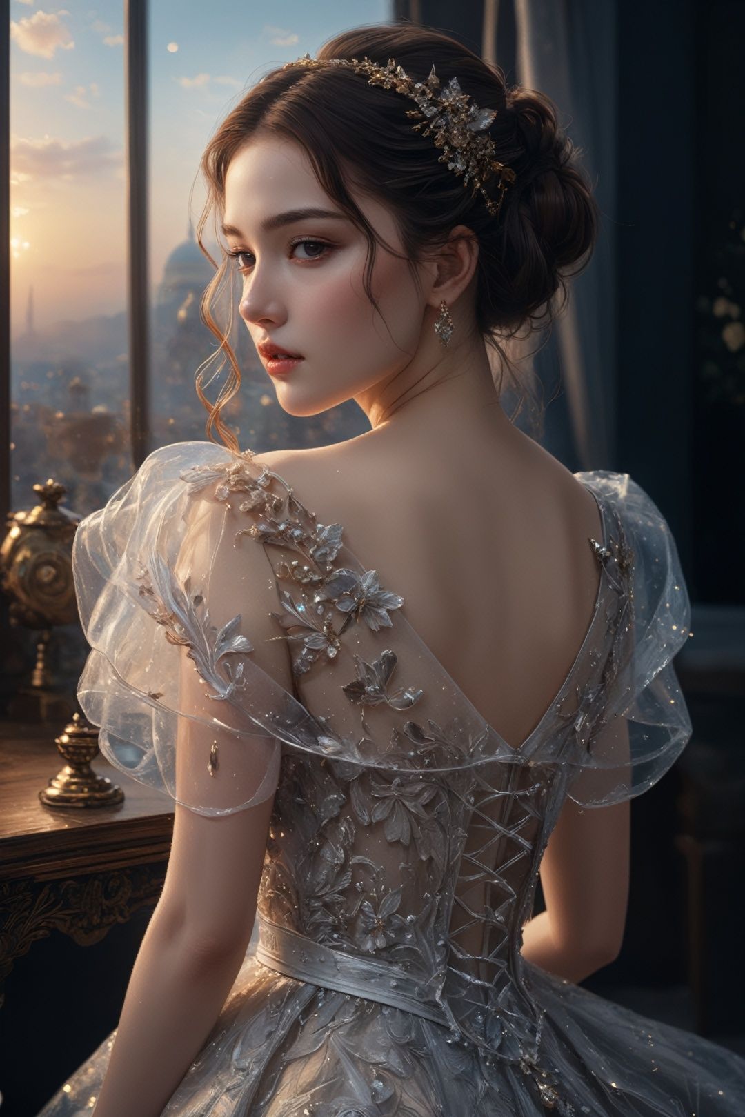 (masterpiece:1.2),(best quality:1.2),(ultra detailed:1.2),(official art:1.3),(beauty and aesthetics:0.9),detailed,(intricate:0.7),(highly detailed),(solo),delicate countenance,1girl,fancy,(glassy texture:1.2),(crush:1.2),8k,accessory,tattoo,(transparent:1.1),gown,energy encirclement,instant,in the twinkling of an eye,
