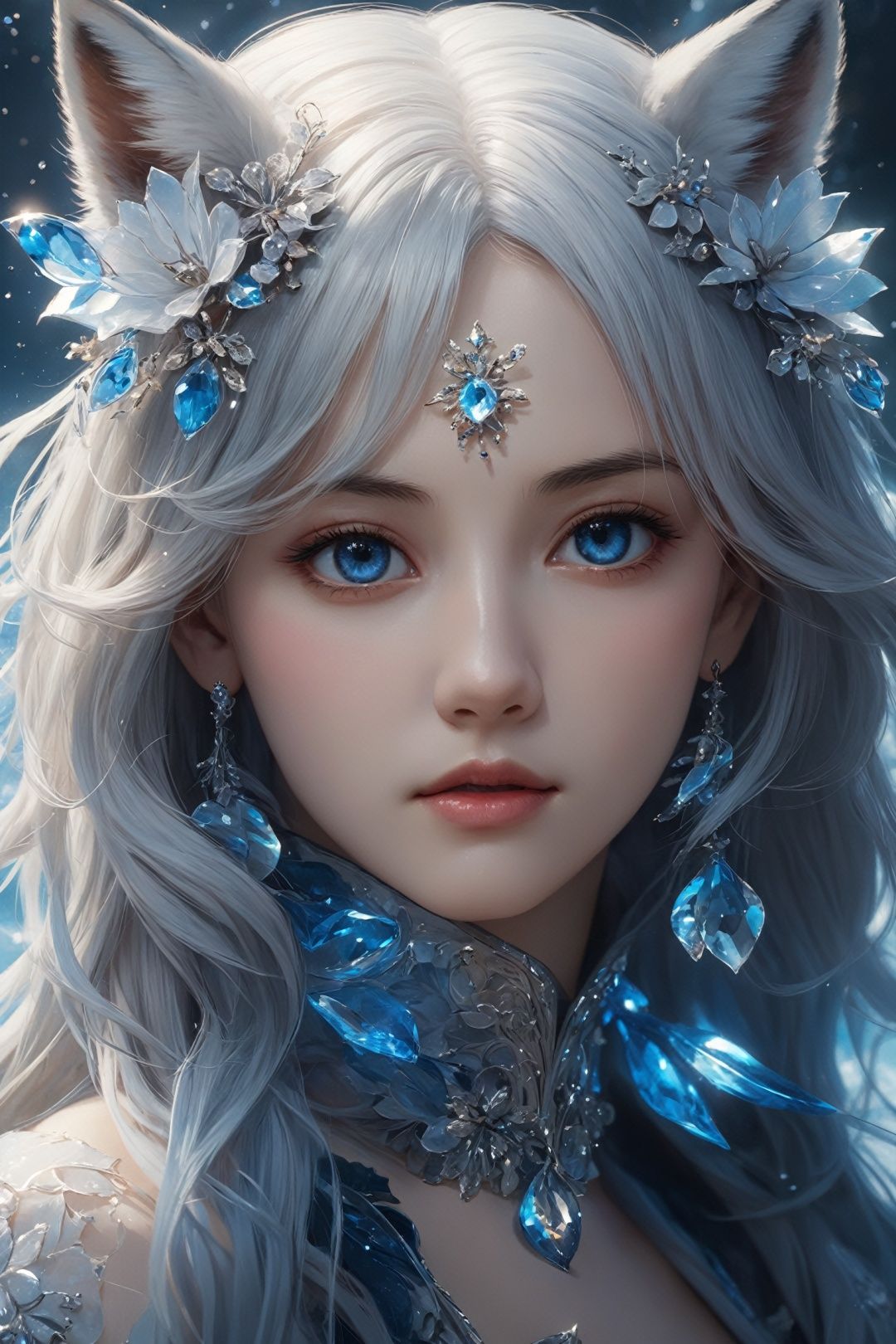 masterpiece, best quality,official art, extremelydetailed cg 8k wallpaper,(flying petals)(detailed ice) , crystalstexture skin, coldexpression, ((fox ears)),white hair, longhair, messy hair, blue eye,looking at viewer,extremely delicate andbeautiful, water, ((beautydetailed eye)), highlydetailed, cinematiclighting, ((beautiful face),fine water surface, (originalfigure painting), ultra-detailed, incrediblydetailed, (an extremelydelicate and beautiful),beautiful detailed eyes,(best quality)