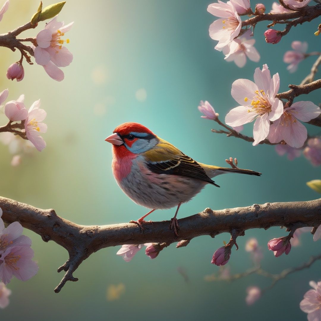a tiny finch on a branch with spring flowers on background:1.0, aesthetically inspired by Evelyn De Morgan, art by Bill Sienkiewicz and Dr. Seuss, ray tracing, volumetric lighting, octane render