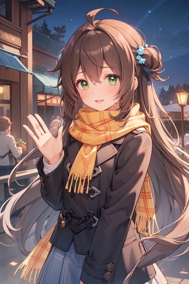 brown hair,long hair,green eyes,1girl,solo,long hair,night sky,game cg,skirt,scarf,coat,long hair, straight hair,excited,waving