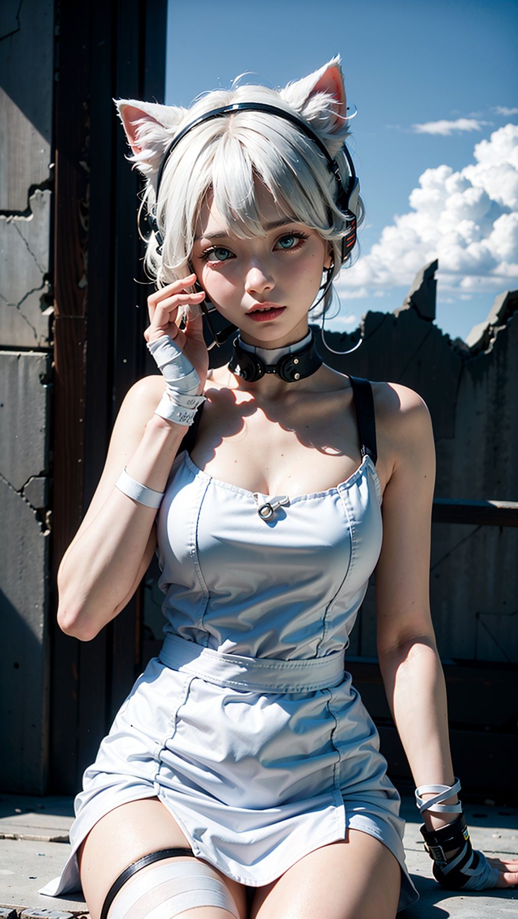 White cat girl, masterpiece, high quality, exquisite wallpaper, 16k, animation, illustration, positive perspective, (Cloudy day :1.4), (Broken walls :1.5), perfect human body, complete body, delicate face, delicate features, handsome girl, little girl, (loli), ((solo)), ((1girl)), ((white cat ears :1.4)), white hair, long hair flowing, (white hair :1.3), beautiful eyes, (different eyes :1.4), \((blue left eye \)), \(golden right eye \)), expressionless, cold expression, simple style clothing, white tone, (headset :1.5), (white jumpsuit minisskirts :1.3), Sleeveless dress, (shed suspenders), white over-the-knee socks, black leg loops, white sneakers, (bandage wrapped around hand :1.5), lean build, slight, ((medium breasts)), (loli build), short height
NSFW
