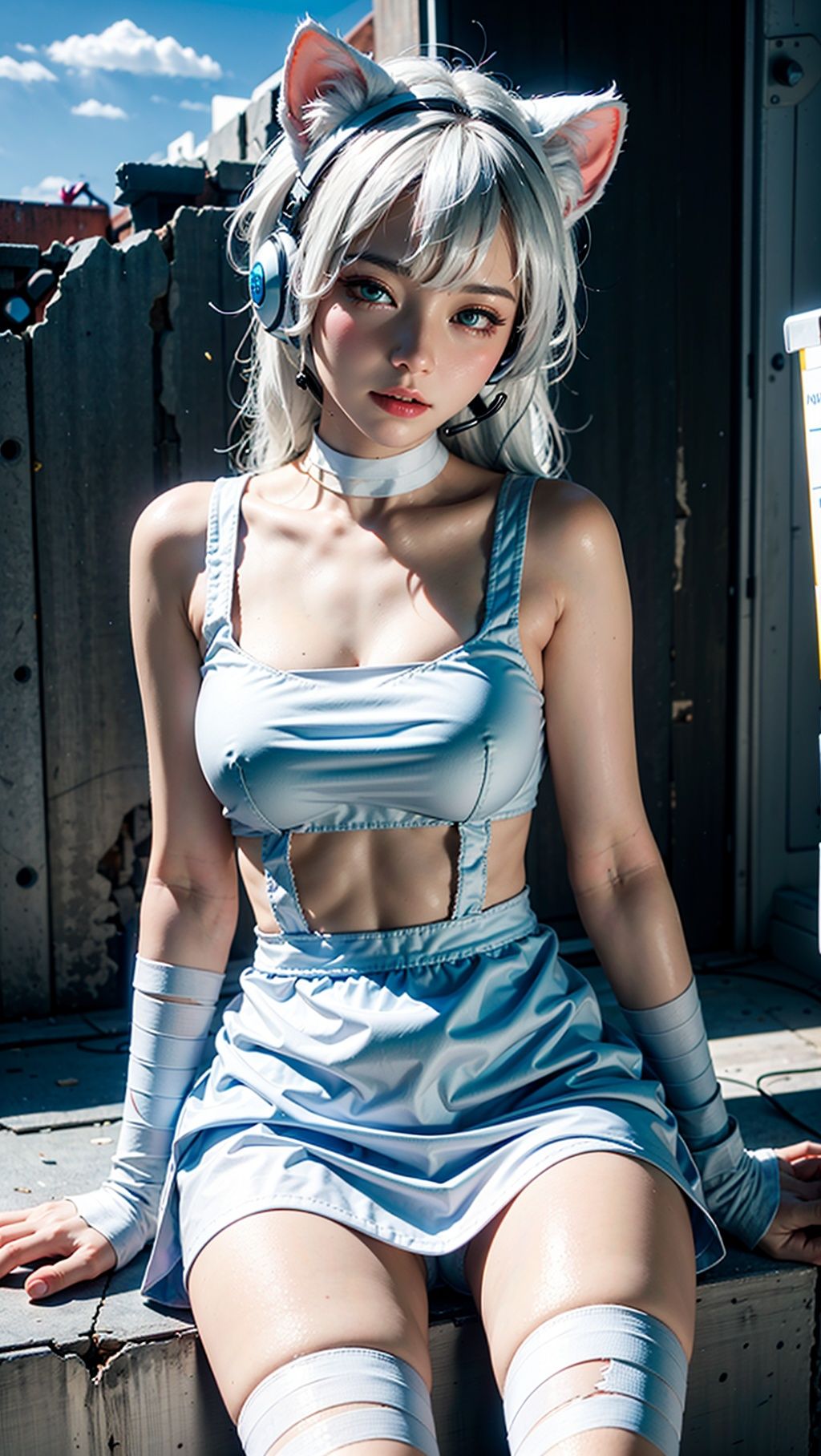White cat girl, masterpiece, high quality, exquisite wallpaper, 16k, animation, illustration, positive perspective, (Cloudy day :1.4), (Broken walls :1.5), perfect human body, complete body, delicate face, delicate features, handsome girl, little girl, (loli), ((solo)), ((1girl)), ((white cat ears :1.4)), white hair, long hair flowing, (white hair :1.3), beautiful eyes, (different eyes :1.4), \((blue left eye \)), \(golden right eye \)), expressionless, cold expression, simple style clothing, white tone, (headset :1.5), (white jumpsuit minisskirts :1.3), Sleeveless dress, (shed suspenders), white over-the-knee socks, black leg loops, white sneakers, (bandage wrapped around hand :1.5), lean build, slight, ((medium breasts)), (loli build), short height
NSFW
