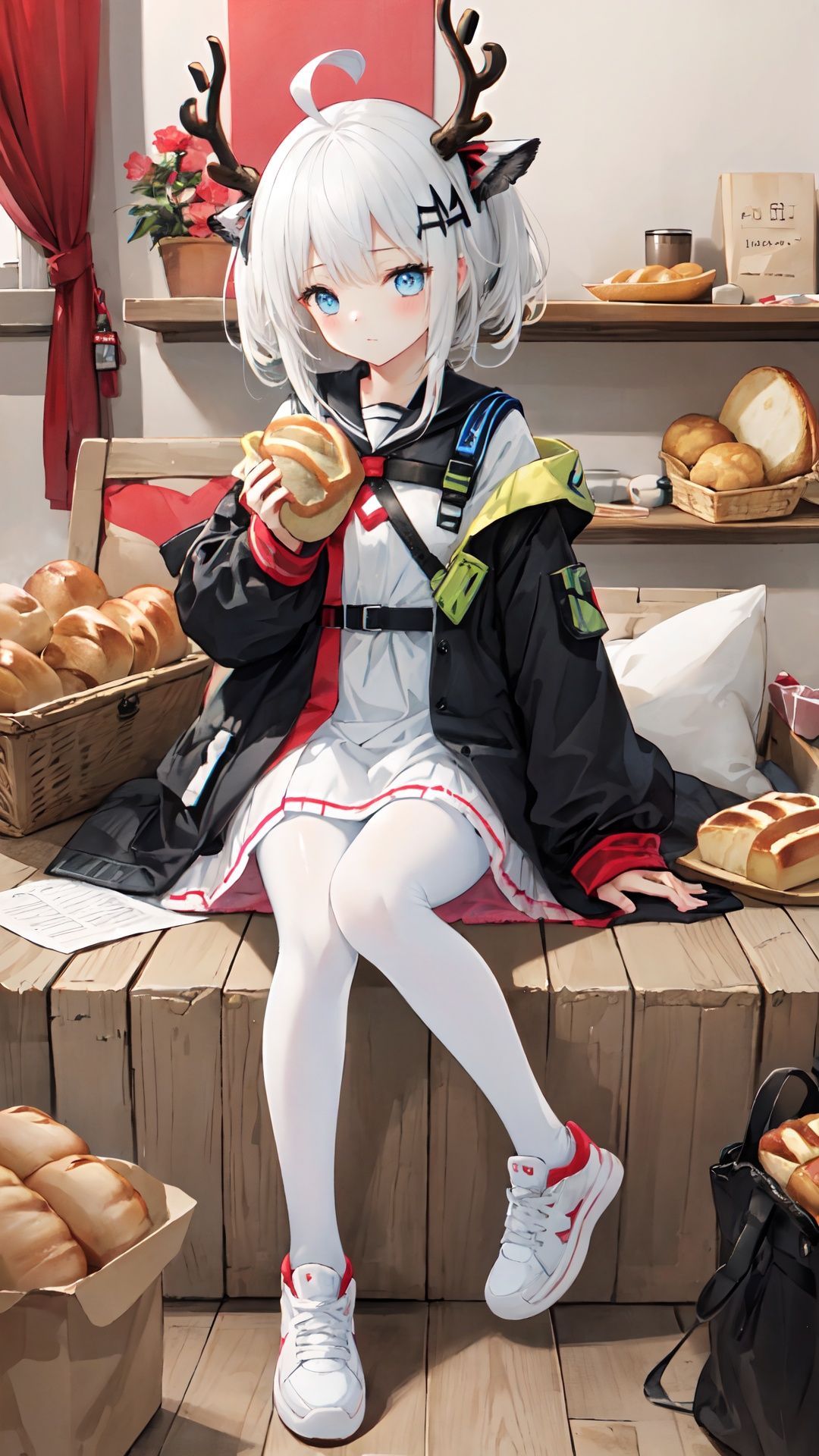 ((masterpiece)), (((best quality))), ((ultra-detailed)), ((illustration)), (((1girl))),arknights,(bread), white hair,black pantyhose,high-top sneaker ,antlers,((bow)),ahoge,blush