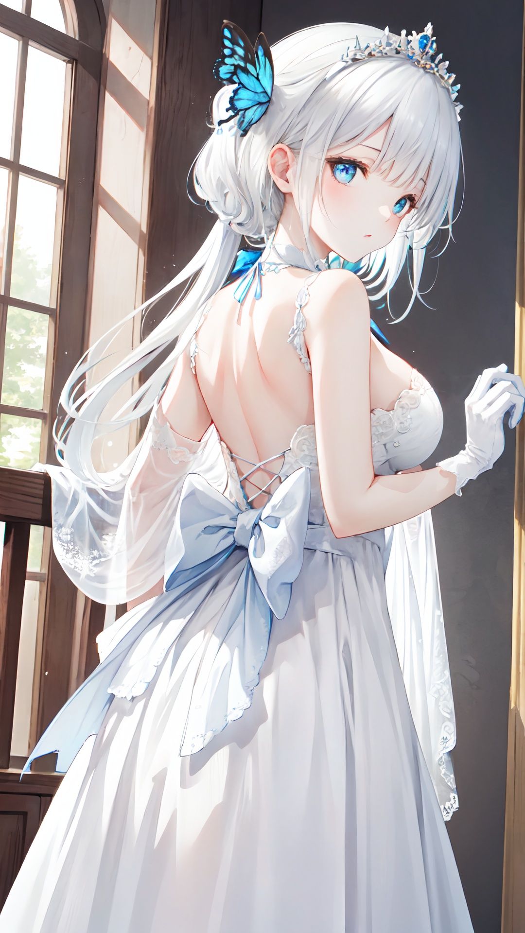 finely detail, Depth of field, (((masterpiece))), ((extremely detailed CG unity 8k wallpaper)), best quality, high resolution illustration, Amazing, intricate detail, (best illumination, best shadow, an extremely delicate and beautiful),

1girl, long_hair, white hair, (hair accessories), cleavage, Brooch, Exquisite ornaments, clear, crystal chains decorate, Iris proantha, (white evening dress:1.4), bird, collarbone, butterfly, blue_eyes

girdling, bow tie, ribbon, shawl, Long gloves and short gloves, The bird stands on the back of its hand
