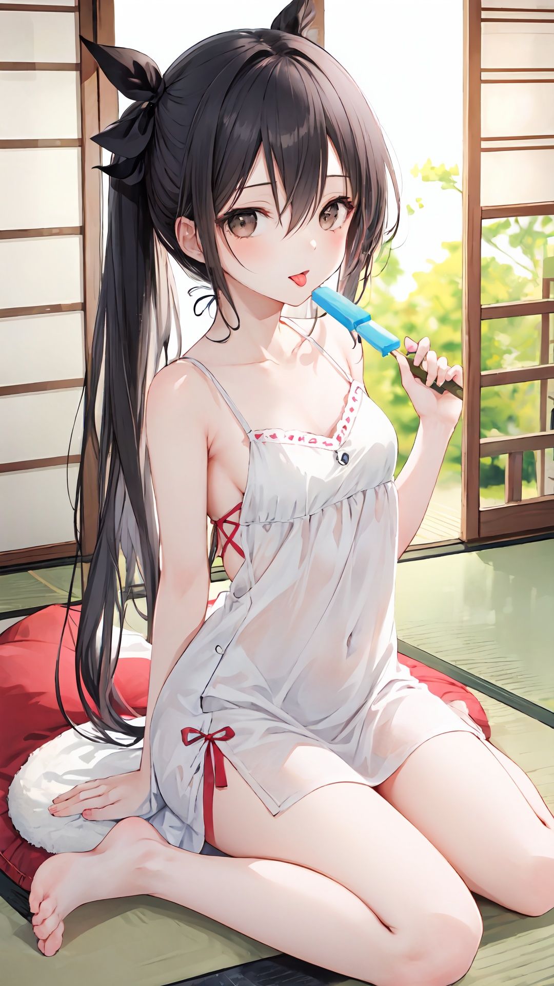 1girl, food, long hair, solo, stuffed toy, dress, stuffed animal, white dress, popsicle, sitting, holding, looking at viewer, ribbon, sleeveless dress, bangs, sleeveless, blurry foreground, black ribbon, collarbone, hair ribbon, wind chime, strap slip, stuffed bunny, sliding doors, bare shoulders, bare legs, bare arms, small breasts, sundress, very long hair, blurry, hair between eyes, breasts, shouji, holding food, tongue, barefoot, tongue out, tatami, summer, brown eyes, thighs, black eyes