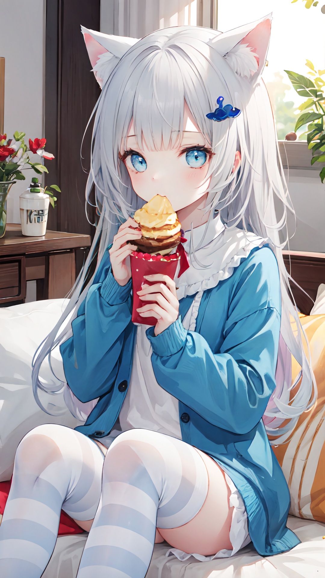 pillow,animal_ears,1girl,hair_ornament,long_hair,cat_ears,food,striped,striped_legwear,solo,cat_girl,grey_hair,holding,sitting,long_sleeves,eating,blue_eyes,