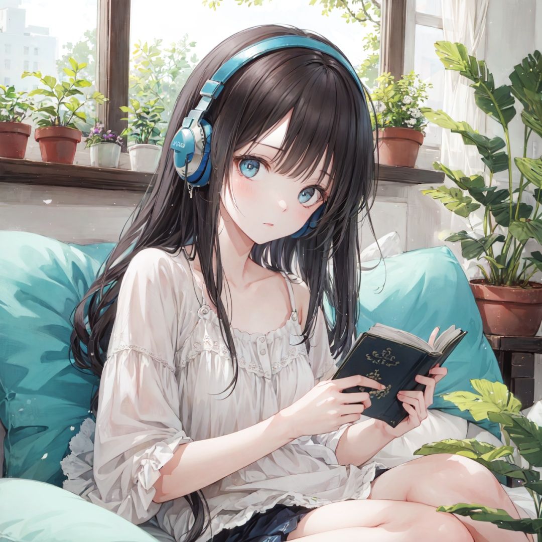 extremely delicate and beautiful,
depth of field,amazing,masterpiece,growth,visual impact,
ultra-detailed,

1girl, long_hair, window, book, pillow, barefoot, solo, plant, very_long_hair, indoors, potted_plant, headphones, cup,
gorgeous,fantasism,nature,refined rendering,original,contour deepening,high-key and low-variance brightness scale,soft light,light and dark interlaced,