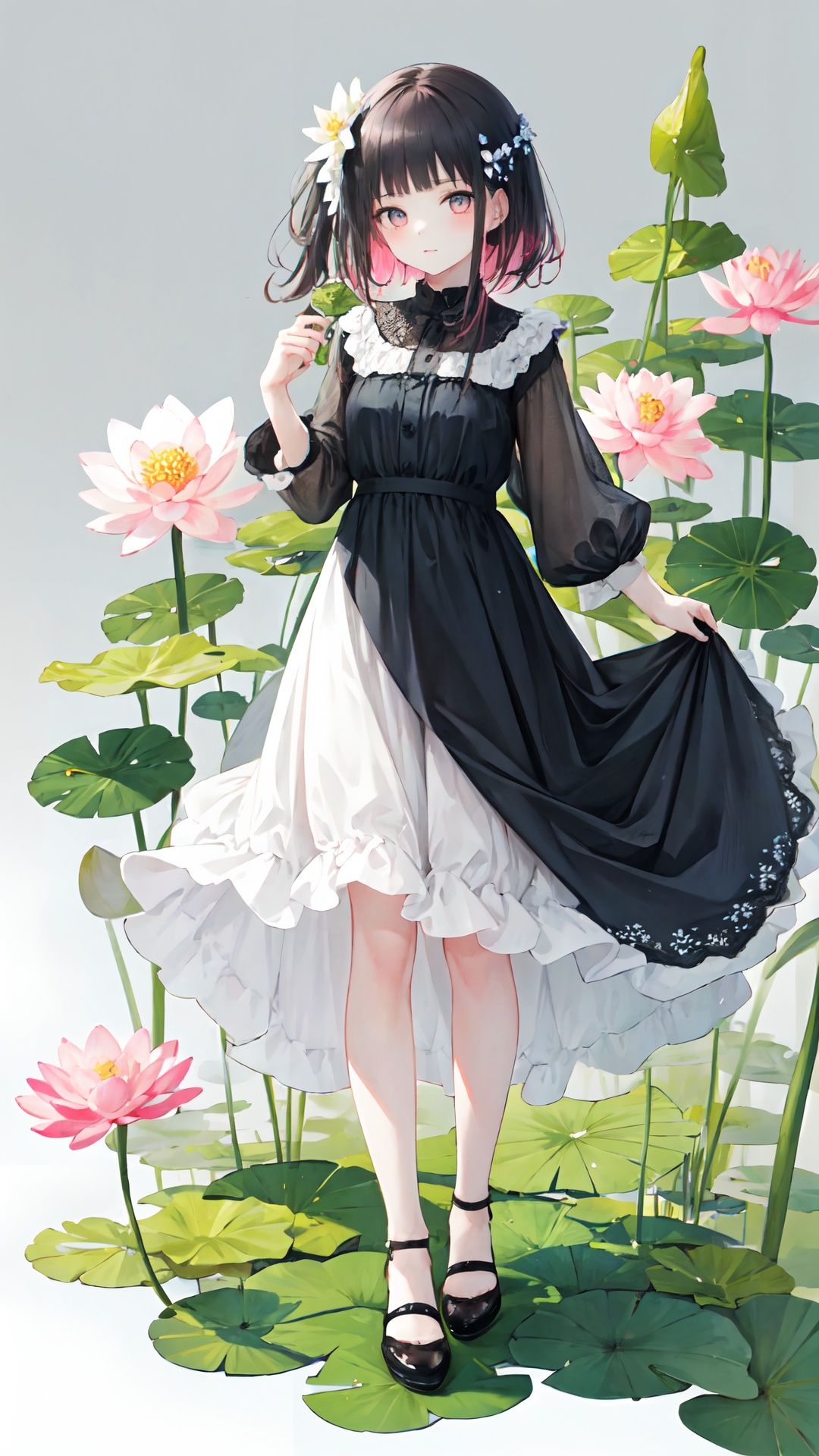 flower,gradient,gradient_background,lily_\(flower\),lotus,1girl,solo,lily_pad,grey_background,pink_flower,long_hair,dress,black_hair,