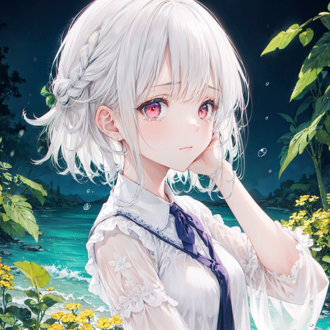 best quality, (chromatic aberration), (beautiful young female:1.4), (streaming tears), sad, (mimosa), (mimosa), (mimosa), looking at viewer, partially submerged, both hands on own cheek, {see-through long shirt},,{no bra} , (white hair, short hair, braid,bangs:1.2), (glowing eyes), ripples, dark water, black background, (prismatic),