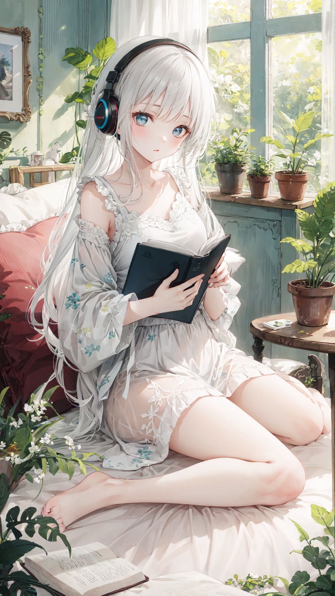 extremely delicate and beautiful,
depth of field,amazing,masterpiece,growth,visual impact,
ultra-detailed,

1girl, long_hair, window, book, pillow, barefoot, solo, plant, very_long_hair, indoors, potted_plant, headphones, cup,
gorgeous,fantasism,nature,refined rendering,original,contour deepening,high-key and low-variance brightness scale,soft light,light and dark interlaced,