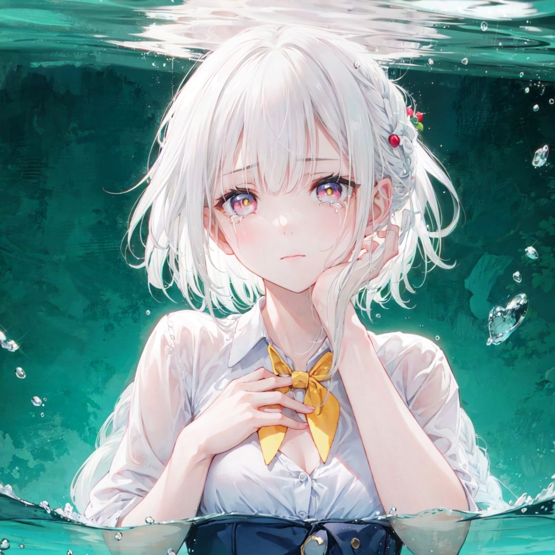 best quality, (chromatic aberration), (beautiful young female:1.4), (streaming tears), sad, (mimosa), (mimosa), (mimosa), looking at viewer, partially submerged, both hands on own cheek, {see-through long shirt},,{no bra} , (white hair, short hair, braid,bangs:1.2), (glowing eyes), ripples, dark water, black background, (prismatic),
