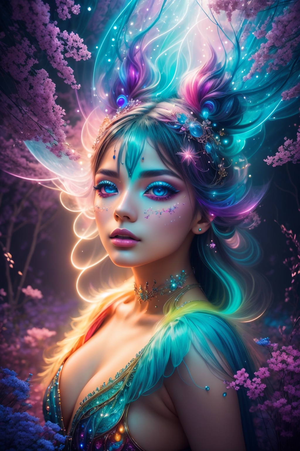 An extraordinary 8K photograph that transports a woman into a surreal,  dreamlike world of vibrant colors and dramatic lig...