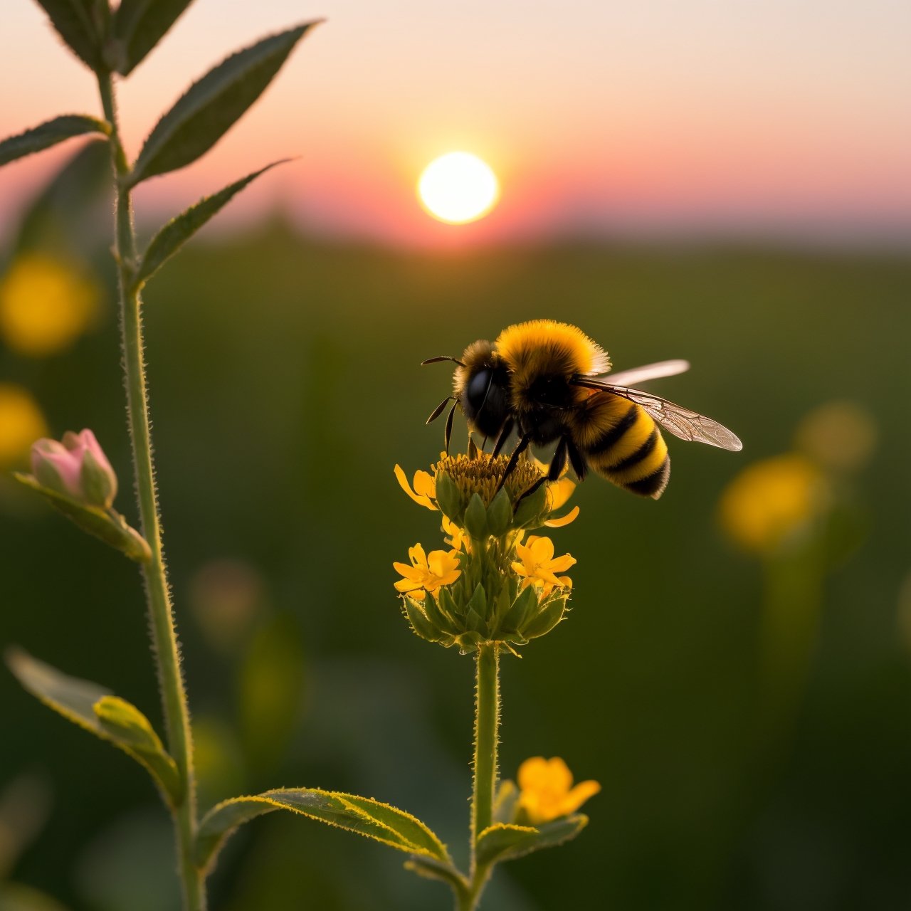 As the sun gracefully dips below the horizon,  a solitary bumblebee,  captured in a close-up frame on Tensor.Art