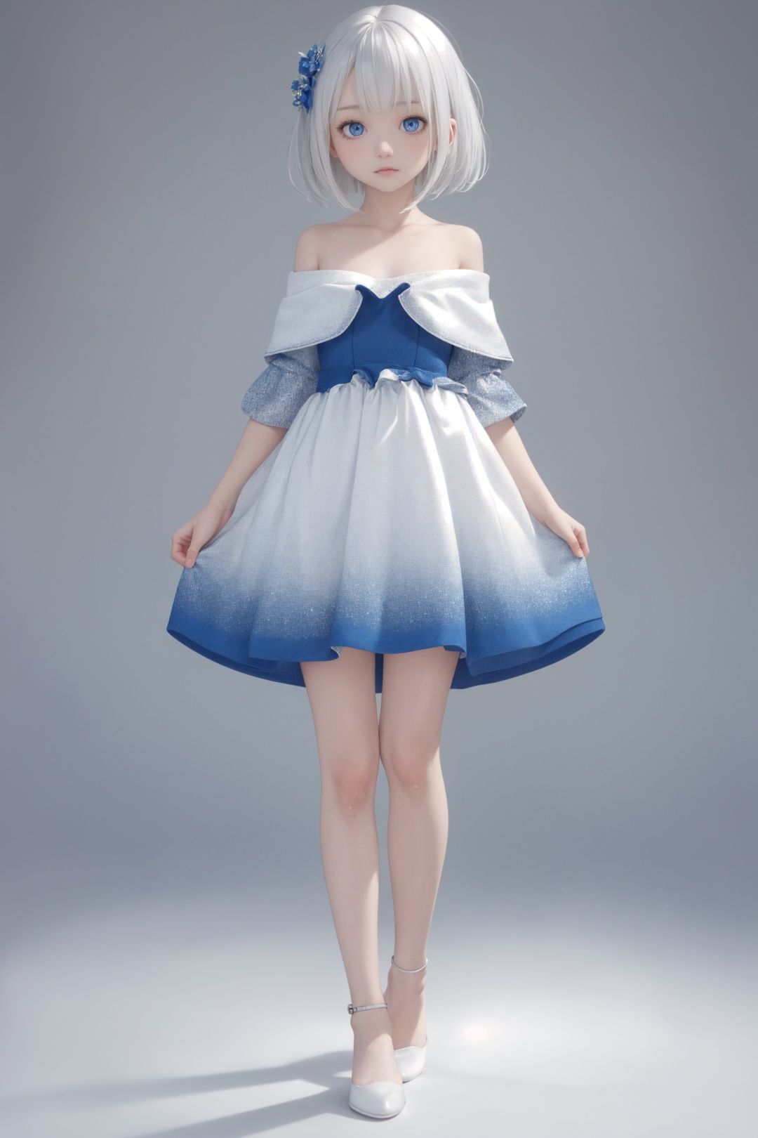 (loli:1.2), (Girlish body type), (masterpiece), (best quality), Exquisite visuals, high-definition, (ultra detailed), finely detail, ((solo)), (medium hair), (white Silver hair), (gradient Blue), (beautiful detailed eyes), Kawai, loveliness, off shoulder, looking at viewer, bare shoulders, standing, ((full body)),pale skin
