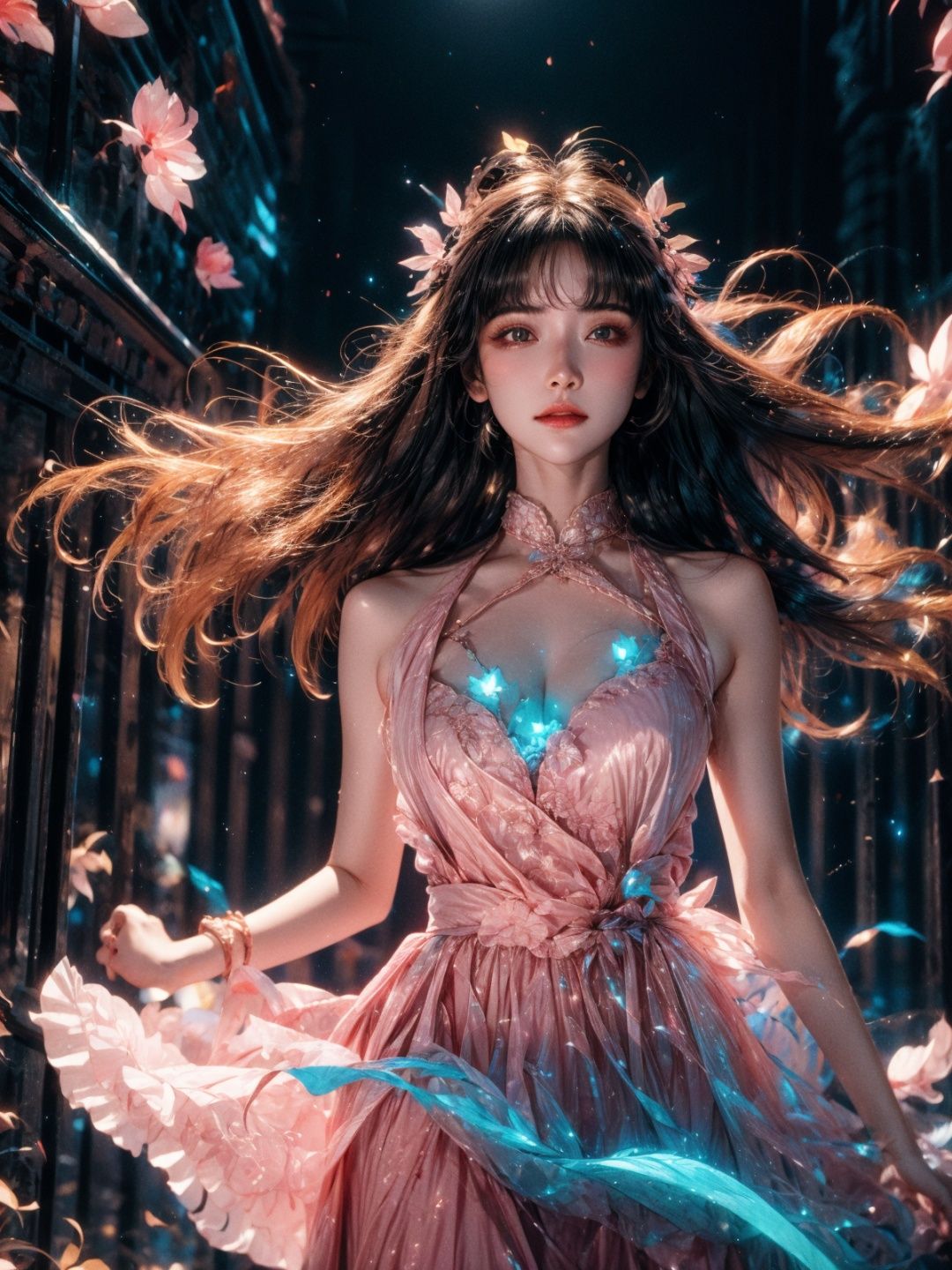 Movie stills, 1 girl, flowing hair, (glowing dress), colorful pleated skirt, running in the flowers, dreamy scenes, exquisite facial features, extremely beautiful face, clear details, soft lighting background, light particles, blue and orange lighting, masterpiece, best quality,upper_body,1girl,huansha,,east_asian_architecture,1girl