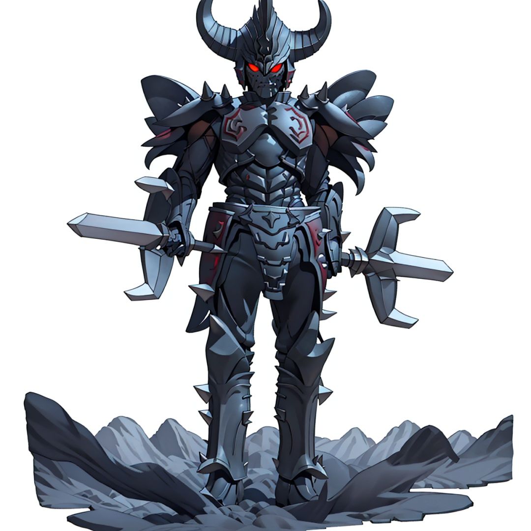(masterpiece:1.3), (the best quality:1.2), (super fine illustrations:1.2), (Masterpiece), high quality, high detail,((white background:1.2)), looking at viewer, (SOLO:1.4),outline,,simple background,horns,gloves, armor,spikes,weapon,full armor,helmet,mask,cover,gauntlets,shoulder armor,breastplate