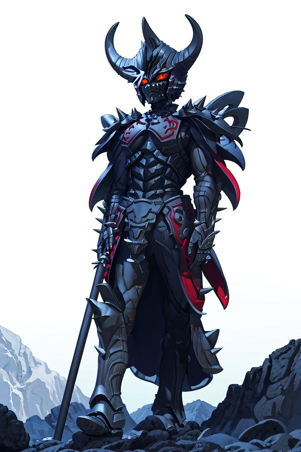(masterpiece:1.3), (the best quality:1.2), (super fine illustrations:1.2), (Masterpiece), high quality, high detail,((white background:1.2)), looking at viewer, (SOLO:1.4),outline,,simple background,breastplate,shoulder armor,gauntlets,cover,mask, helmet, full armor,weapon,spikes, armor, gloves, horns,horns