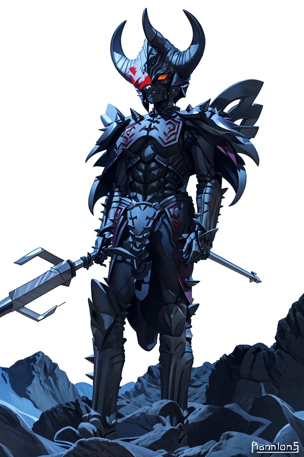 (masterpiece:1.3), (the best quality:1.2), (super fine illustrations:1.2), (Masterpiece), high quality, high detail,((white background:1.2)), looking at viewer, (SOLO:1.4),outline,,simple background,breastplate,shoulder armor,gauntlets,cover,mask, helmet, full armor,weapon,spikes, armor, gloves, horns,horns