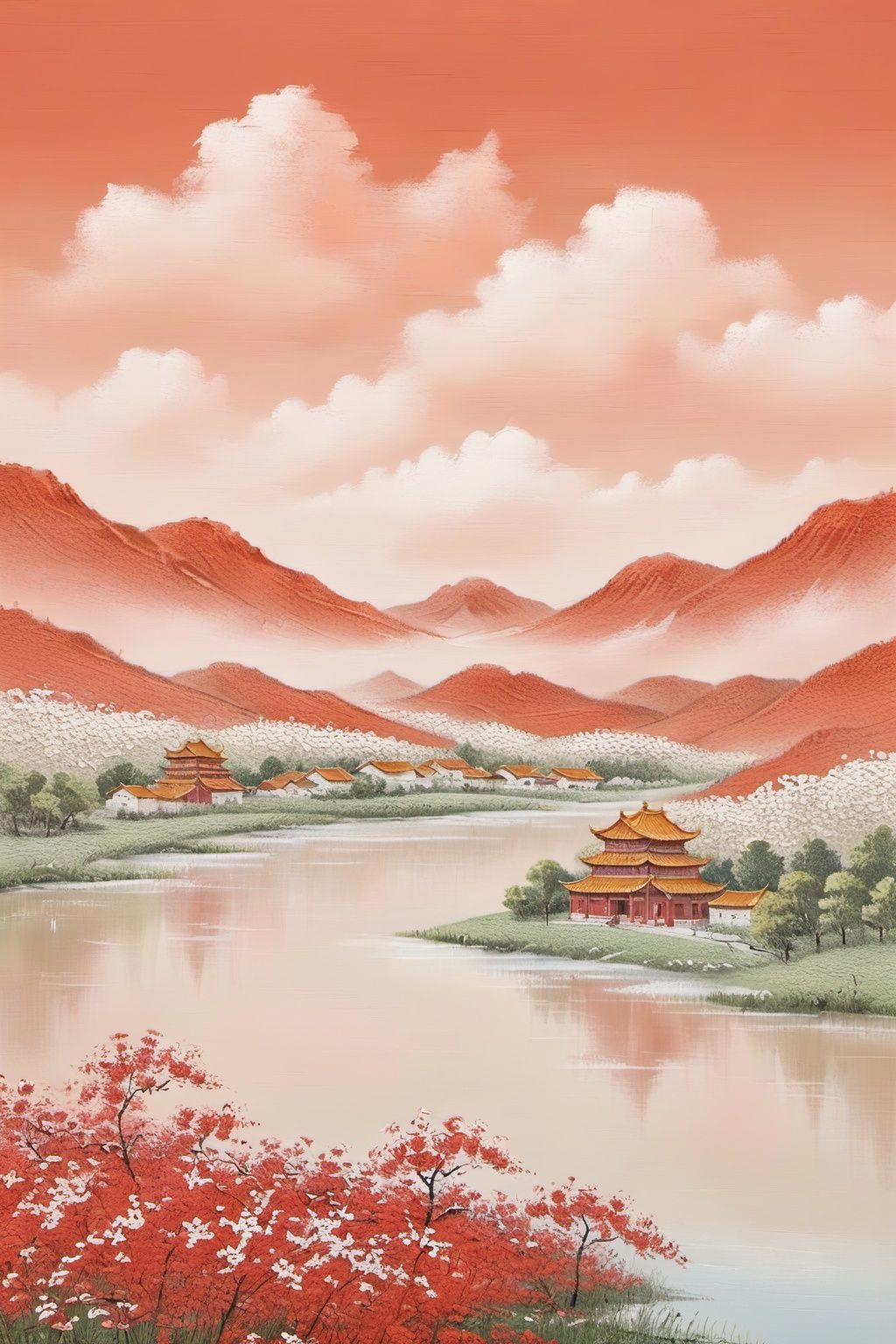 Chinese landscape painting, in the style of Cath Kidston, flat illustration, minimalism, pointillism, solid color,nobody,Red, beige,Pavilions, lakes, peach blossoms, landscapes, clouds