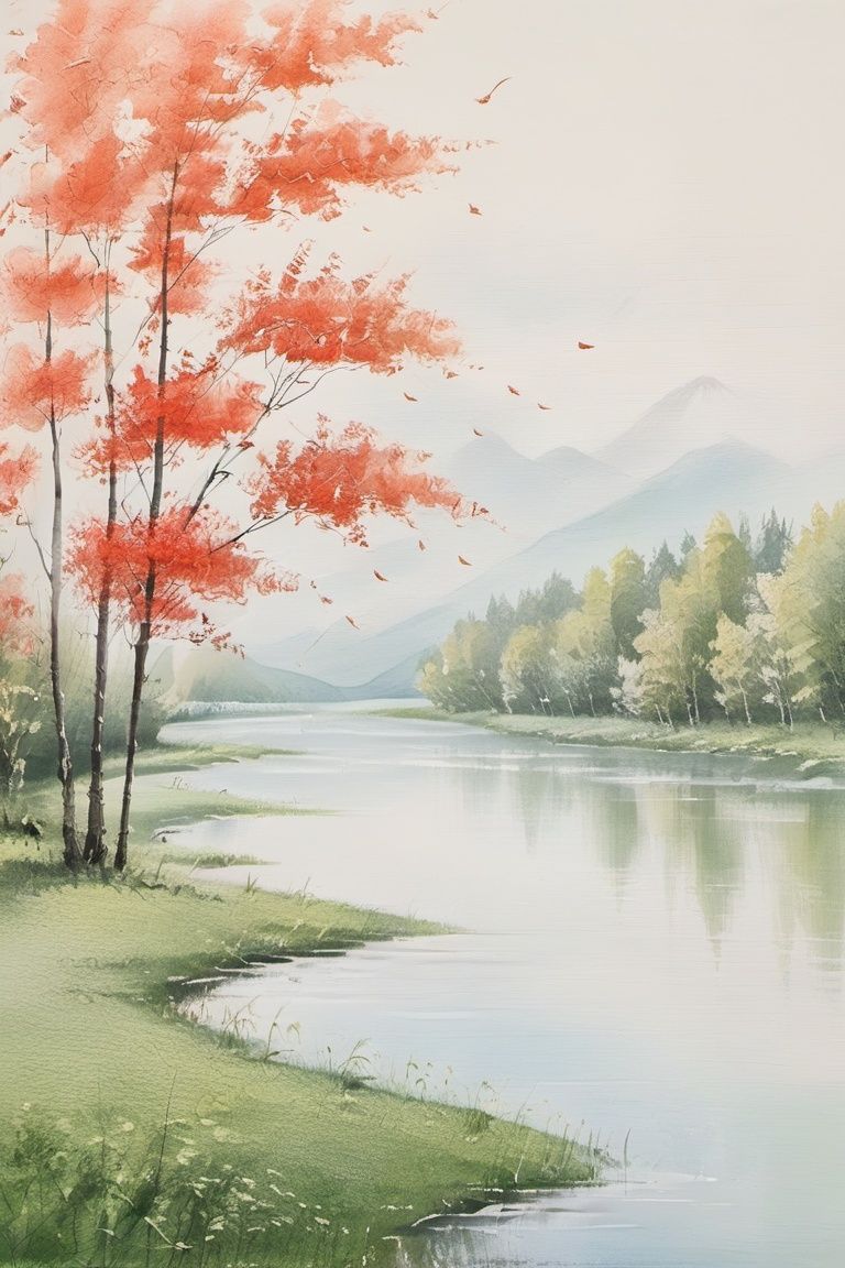 watercolor painting, Masterpiece, Best quality, The rich mist filled the river, melting the outline of the distant mountains, as if in a fairy tale world. The breeze on the lake, waves rippling a beautiful ripples. The maple leaves on the bank gradually turned red, and the hanging willow branches were blown by the breeze, dancing in a picturesque gesture. The grass on the lakeside whisks with a delicate touch, spreading like a green blanket on the earth. The cottage in the distance stood quietly in the poplar forest, and the smoke rose up, adding a bit of life to the scenery. The early morning birdsong is pleasant to the ear, gently crossing the layers of leaves, harmoniously integrated into the symphony of nature.