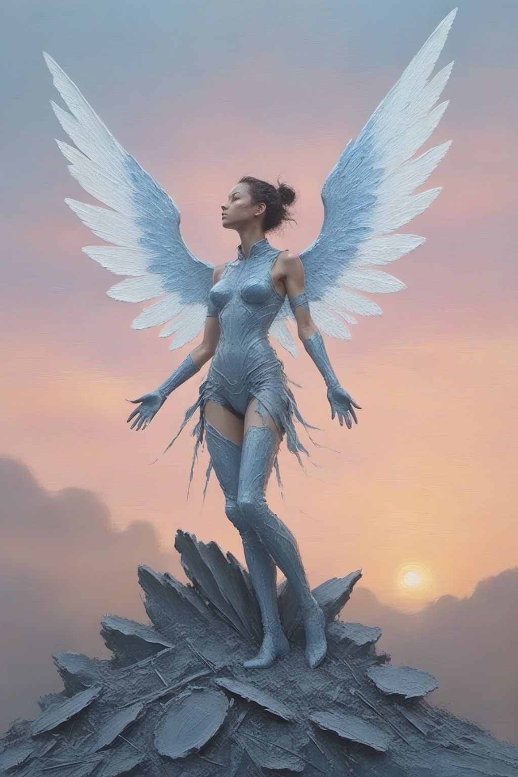 arien_angel,full body,dynamic posture,CG character design,gorgeous speed painting,4k concept dark art created by alyssa monks. uhd perspective shooting,ophanim angels,amazing wings,blue rose patterned surface details,soft blue light,orton effect,the background of the whole painting is a translucent dark totem to give a sense of fear,BJ_Alien_garbage,
BJ_debris,outdoors,sky,cloud,star_\(sky\),starry_sky,sunset,rock,sun,