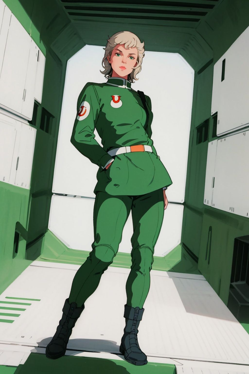 (masterpiece:1.3), (the best quality:1.2), (super fine illustrations:1.2), (Masterpiece), high quality, high detail,((white background:1.2)), looking at viewer, (SOLO:1.4),outline,,simple background,emblem, pilot suit, green jacket,helmet,uniform,armor,pants, logo,military uniform,boots,belt
