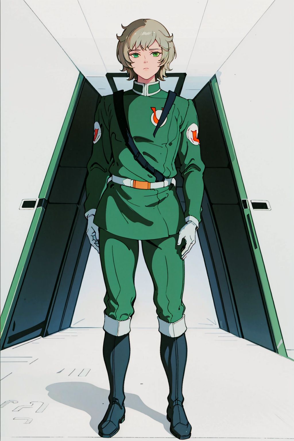 (masterpiece:1.3), (the best quality:1.2), (super fine illustrations:1.2), (Masterpiece), high quality, high detail,((white background:1.2)), looking at viewer, (SOLO:1.4),outline,,simple background,emblem, pilot suit, green jacket,helmet,uniform,armor,pants, logo,military uniform,boots,belt
