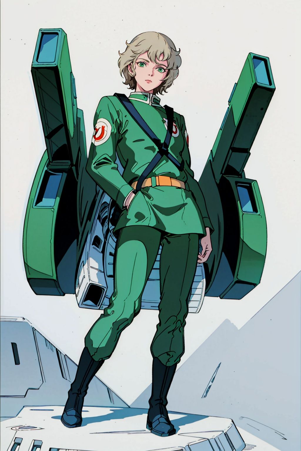 (masterpiece:1.3), (the best quality:1.2), (super fine illustrations:1.2), (Masterpiece), high quality, high detail,((white background:1.2)), looking at viewer, (SOLO:1.4),outline,,simple background,emblem, pilot suit, green jacket,helmet,uniform,armor,pants, logo,military uniform,boots,belt