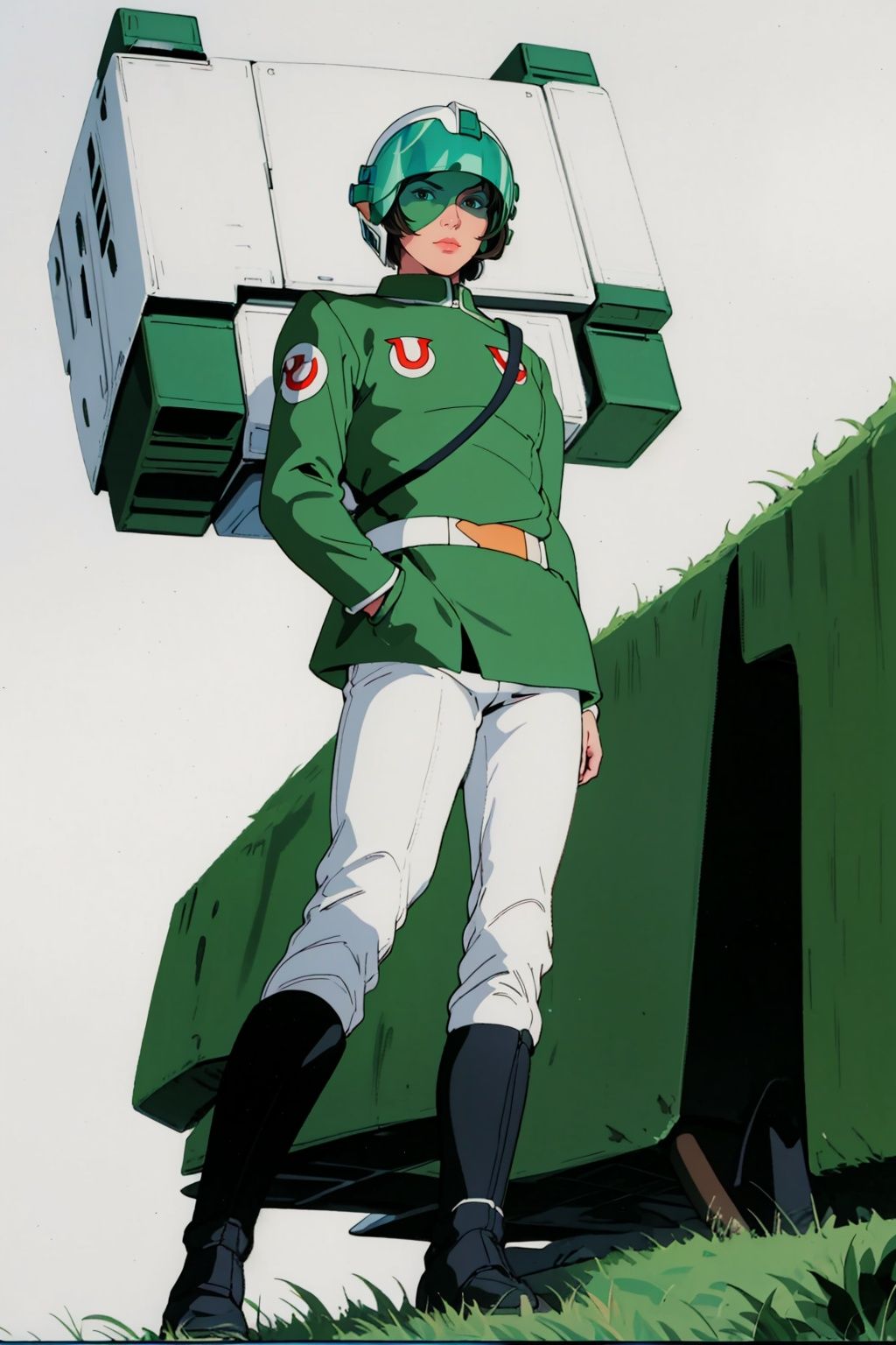 (masterpiece:1.3), (the best quality:1.2), (super fine illustrations:1.2), (Masterpiece), high quality, high detail,((white background:1.2)), looking at viewer, (SOLO:1.4),outline,,simple background,emblem, pilot suit, green jacket,helmet,uniform,armor,pants, logo,military uniform,boots,belt