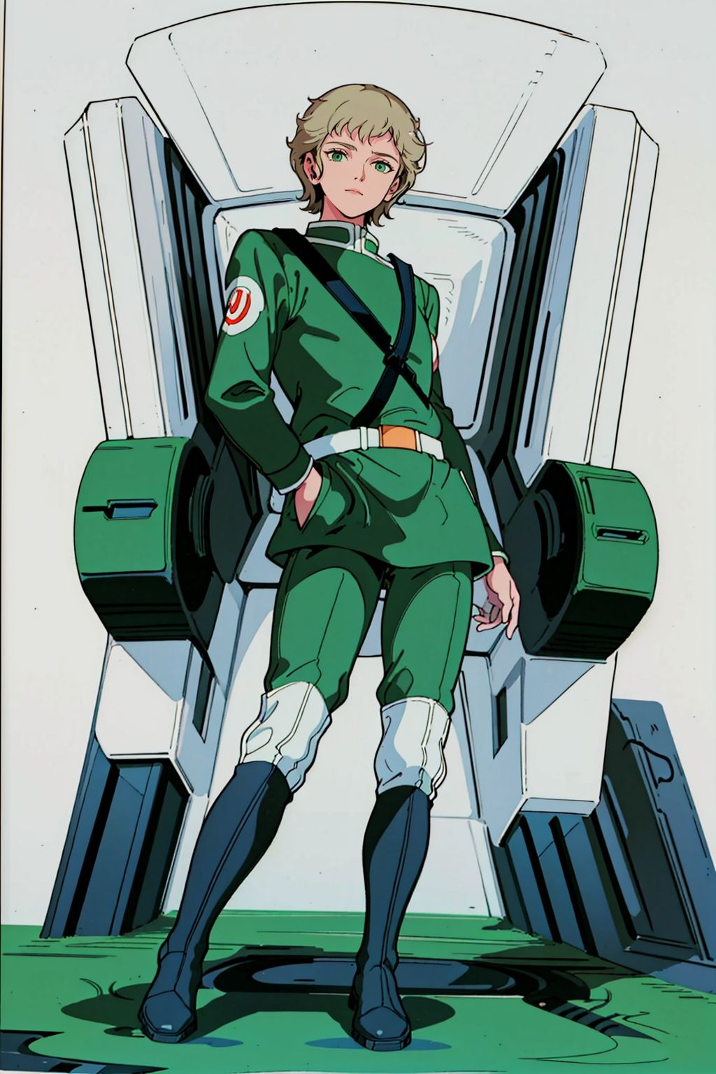 (masterpiece:1.3), (the best quality:1.2), (super fine illustrations:1.2), (Masterpiece), high quality, high detail,((white background:1.2)), looking at viewer, (SOLO:1.4),outline,,simple background,emblem, pilot suit, green jacket,helmet,uniform,armor,pants, logo,military uniform,boots,belt