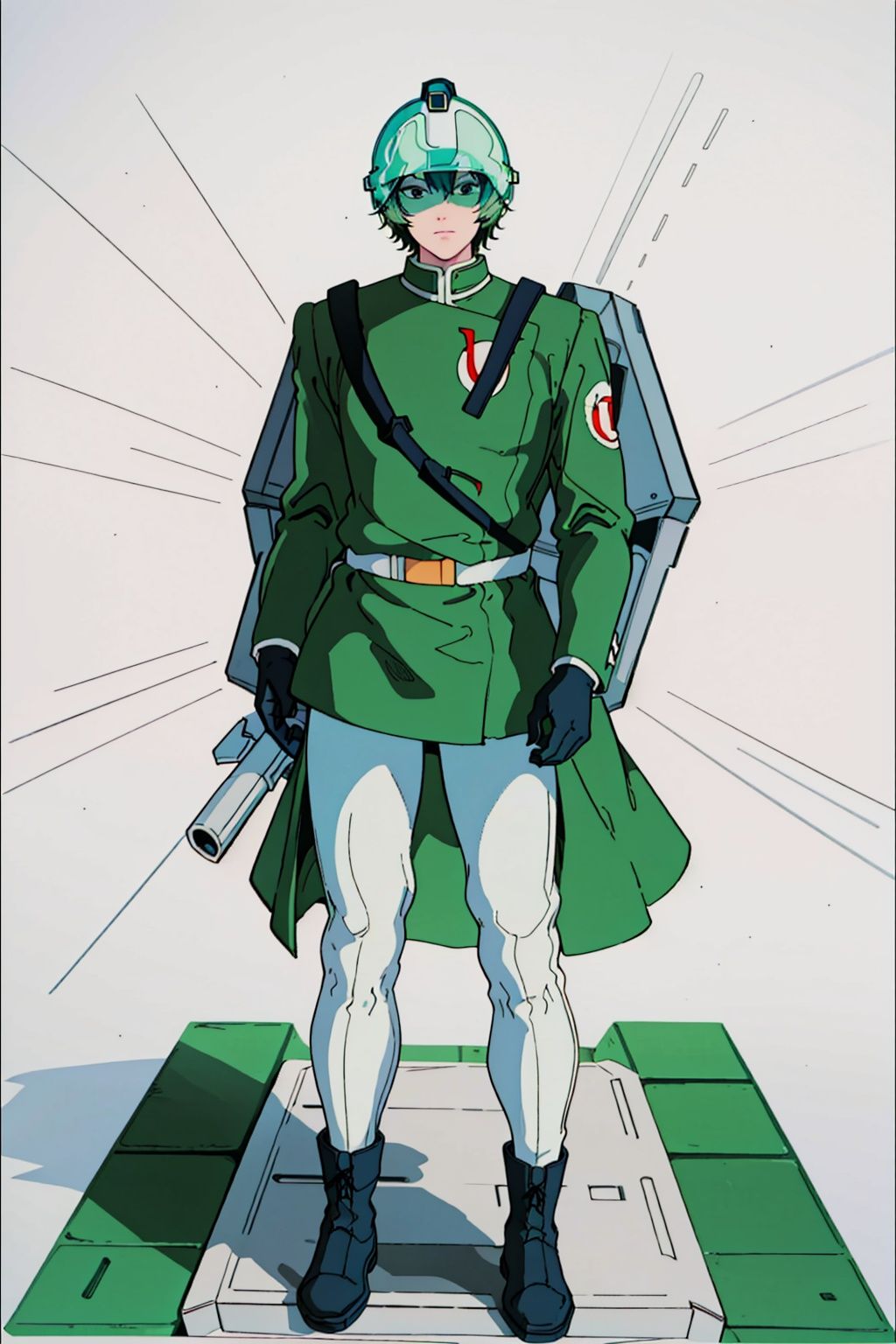 (masterpiece:1.3), (the best quality:1.2), (super fine illustrations:1.2), (Masterpiece), high quality, high detail,((white background:1.2)), looking at viewer, (SOLO:1.4),outline,,simple background,emblem, pilot suit, green jacket,helmet,uniform,armor,white pants, logo,military uniform,boots,belt
