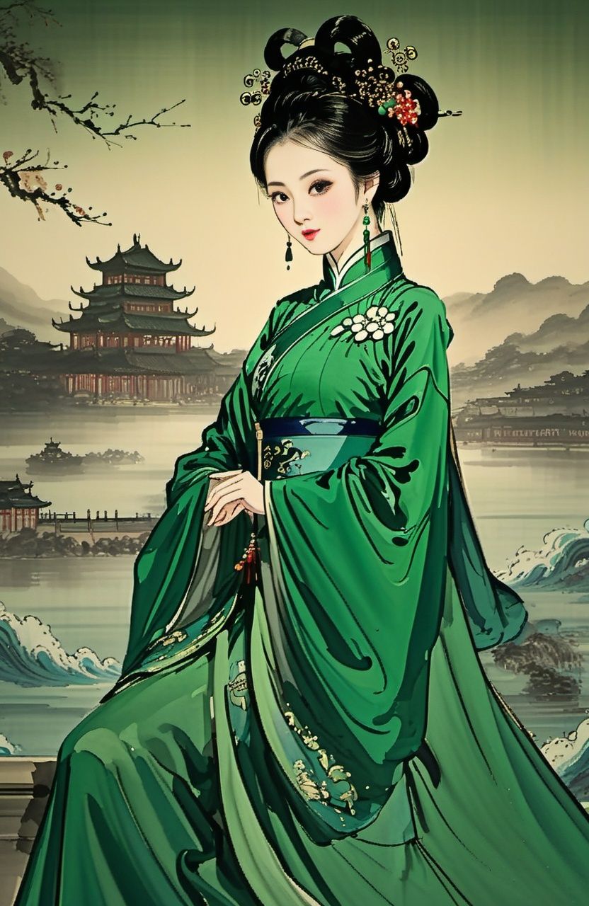 Dark and majestic Chinese palace background at night,waves and swirls of emerald color,a beautiful girl standing in the palace,the center of the sea,traditional Chinese costume jewelry,elaborate costumes,full body photos,traditional costumes,eye - catching details,the best quality,<lora:suxie:1>,