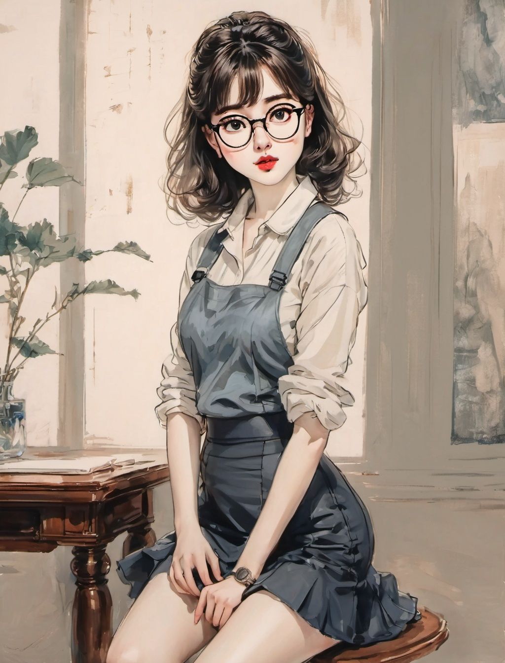 masterpiece,a painting,1girl,wearing glasses,sexy,Professional skirt,half body,pale skin,look at viewer,inksketch,,kneeling,,<lora:suxie:0.8>,professional skirt,oval face,