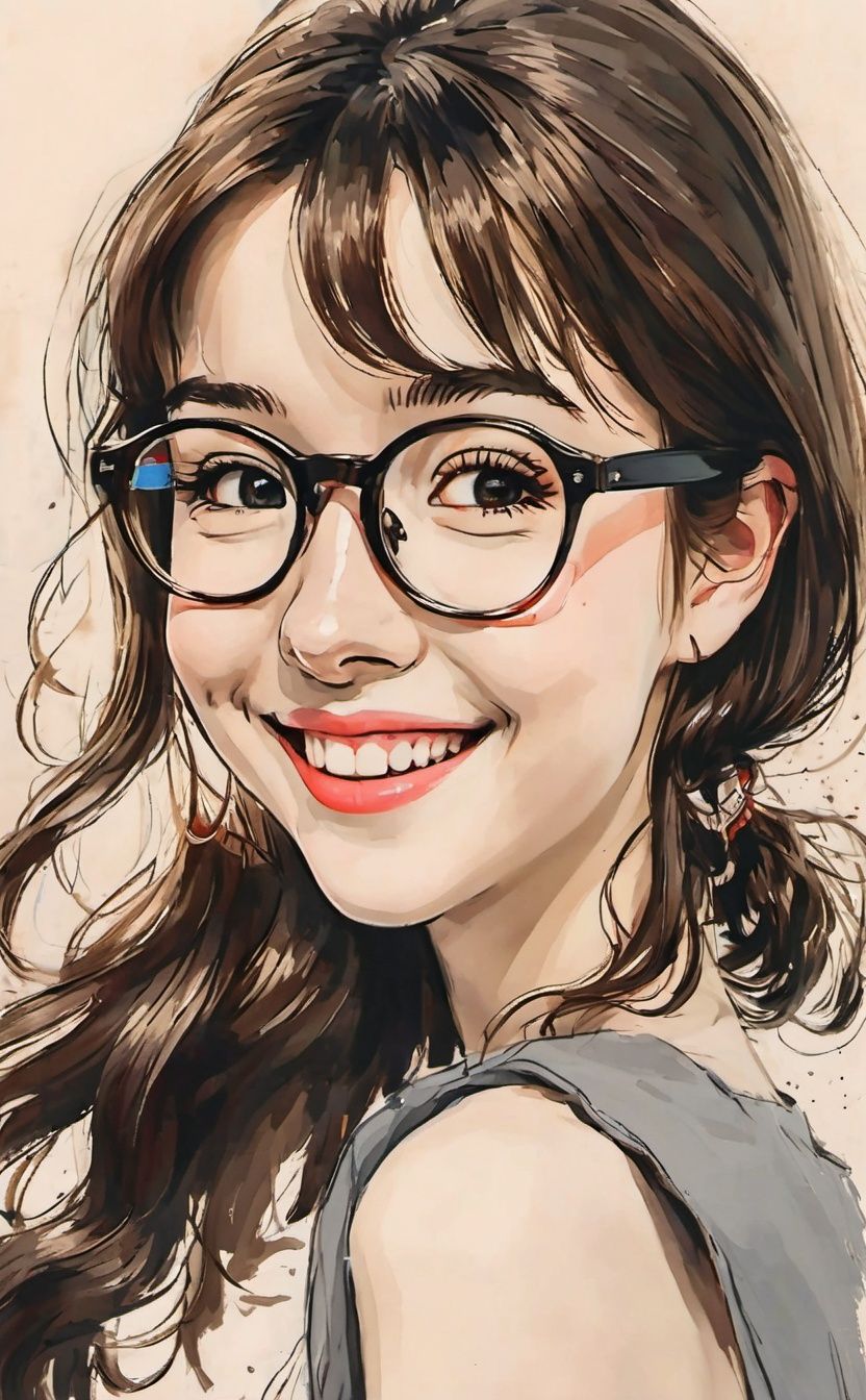 masterpiece, a painting, 1girl, wearing glasses, smiling, half body, pale skin, look at viewer, girl, age 15, inksketch, <lora:suxie:0.85>