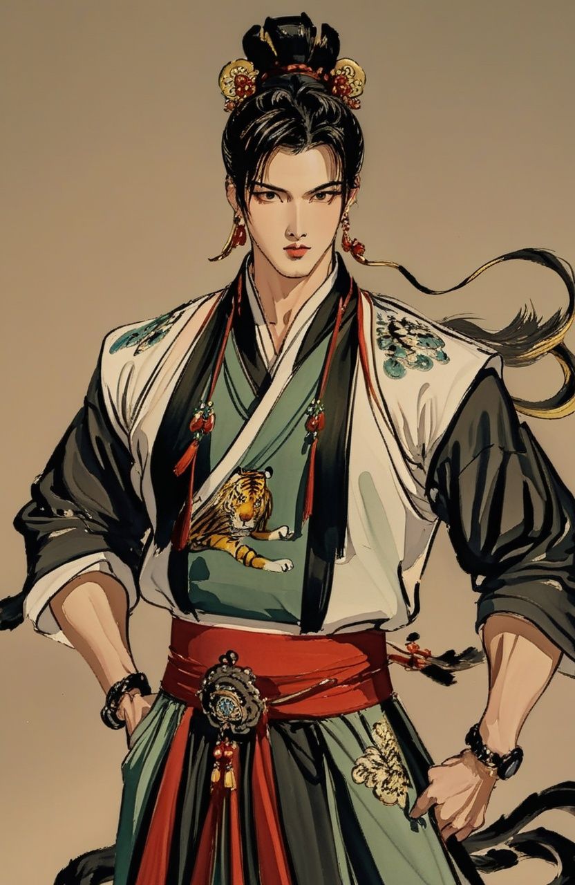 male_focus,solo,facial_hair,Chinese_clothes,big tiger,1boy,jewelry,earrings,muscular,<lora:suxie:0.8>,