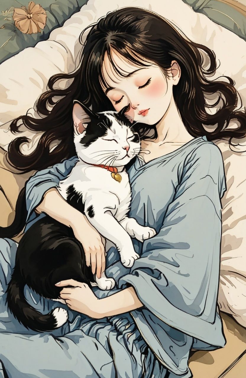 1girl with cats is sleeping,<lora:suxie:1.0>,
