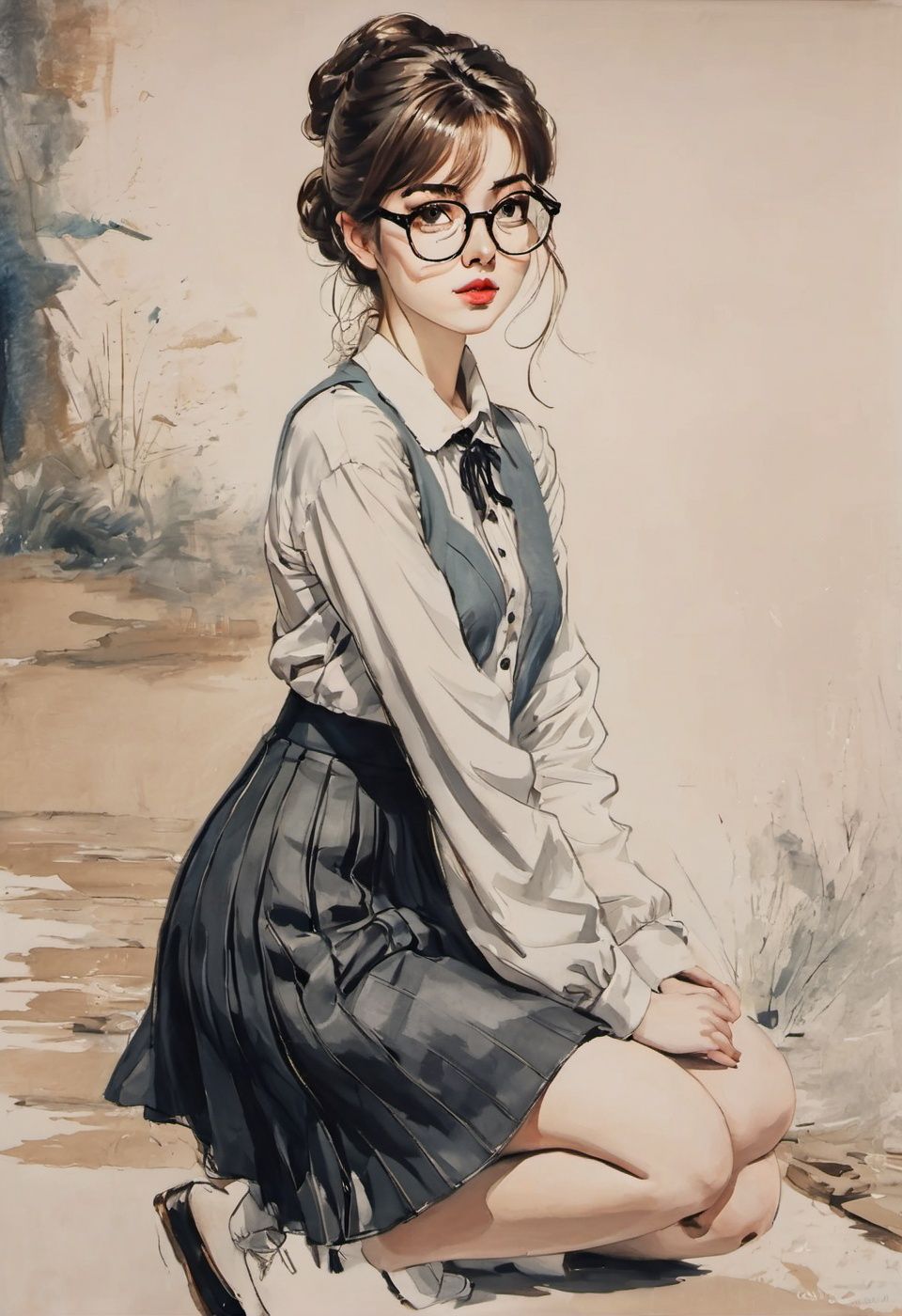 masterpiece,a painting,1girl,wearing glasses,sexy,Professional skirt,half body,pale skin,look at viewer,girl,age 15,inksketch,<lora:suxie:0.85>,kneeling,