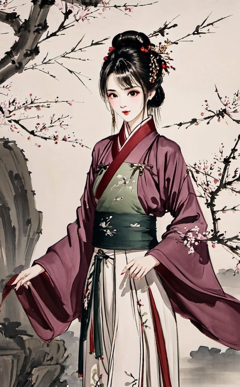 1girl,hanfu,rock,bamboo,plum tree,printing,animal,<lora:suxie:0.85>,hip wrap skirt,business attire,high_heels,