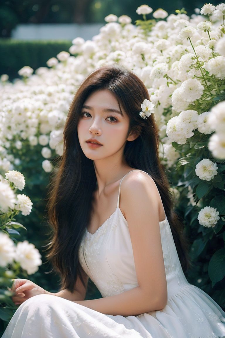 (masterpiece,best quality,ultra high res),(photorealistic:1.4),official art,unity 8k wallpaper,ultra detailed,beautiful and aesthetic,1 girl,lying in the white flowers,girl hiding in flowers and peeking,long hair,white dress,daisy,white flower covering picture,sunlight shining on hair,covered in flowers,facing the camera,natural light,(wide_shot:1.5),<lora:YunyFlower_TEST11-000010:0.8>,YUNY,, (masterpiece,best quality,ultra high res),(photorealistic:1.4),official art,unity 8k wallpaper,ultra detailed, beautiful and aesthetic,