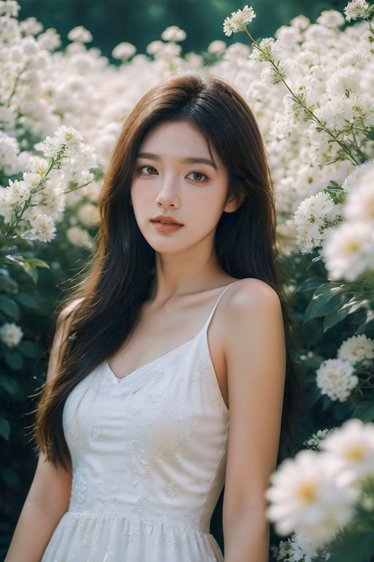 (masterpiece,best quality,ultra high res),(photorealistic:1.4),official art,unity 8k wallpaper,ultra detailed,beautiful and aesthetic,1 girl,lying in the white flowers,girl hiding in flowers and peeking,long hair,white dress,daisy,white flower covering picture,sunlight shining on hair,covered in flowers,facing the camera,natural light,(upper_body:1.5),<lora:YunyFlower_TEST11-000010:0.8>,YUNY,, (masterpiece,best quality,ultra high res),(photorealistic:1.4),official art,unity 8k wallpaper,ultra detailed, beautiful and aesthetic,