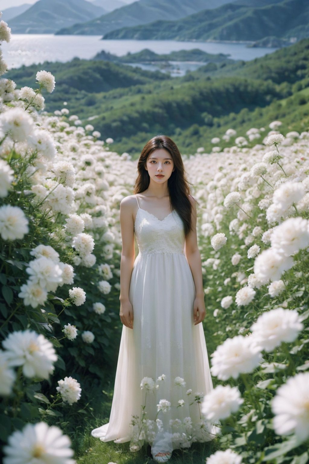 (masterpiece,best quality,ultra high res),(photorealistic:1.4),official art,ultra detailed,beautiful and aesthetic,1 girl,standing in the white flowers,white dress,(white flower:1.1),daisy,white flower covering picture,sunlight shining on hair,facing the camera,natural light,(full body:1.5),blurry_foreground,blurry_background,<lora:YunyFlower_TEST11-000010:0.75>,YUNY,<lora:zoom_slider_v1(zoom in,zoom out):-5>,, (masterpiece,best quality,ultra high res),(photorealistic:1.4),official art,unity 8k wallpaper,ultra detailed, beautiful and aesthetic,