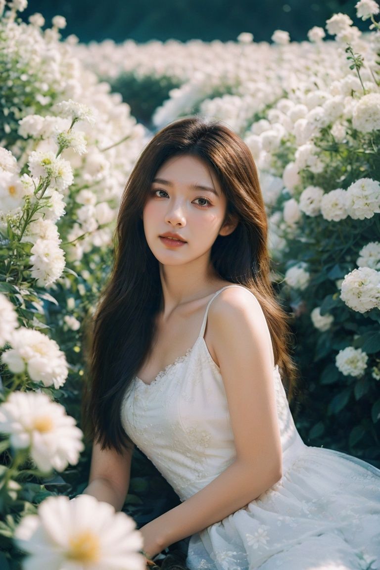 (masterpiece,best quality,ultra high res),(photorealistic:1.4),official art,unity 8k wallpaper,ultra detailed,beautiful and aesthetic,1 girl,lying in the white flowers,girl hiding in flowers and peeking,long hair,white dress,daisy,white flower covering picture,sunlight shining on hair,covered in flowers,facing the camera,natural light,(cowboy_shot:1.5),<lora:YunyFlower_TEST11-000010:0.8>,YUNY,, (masterpiece,best quality,ultra high res),(photorealistic:1.4),official art,unity 8k wallpaper,ultra detailed, beautiful and aesthetic,