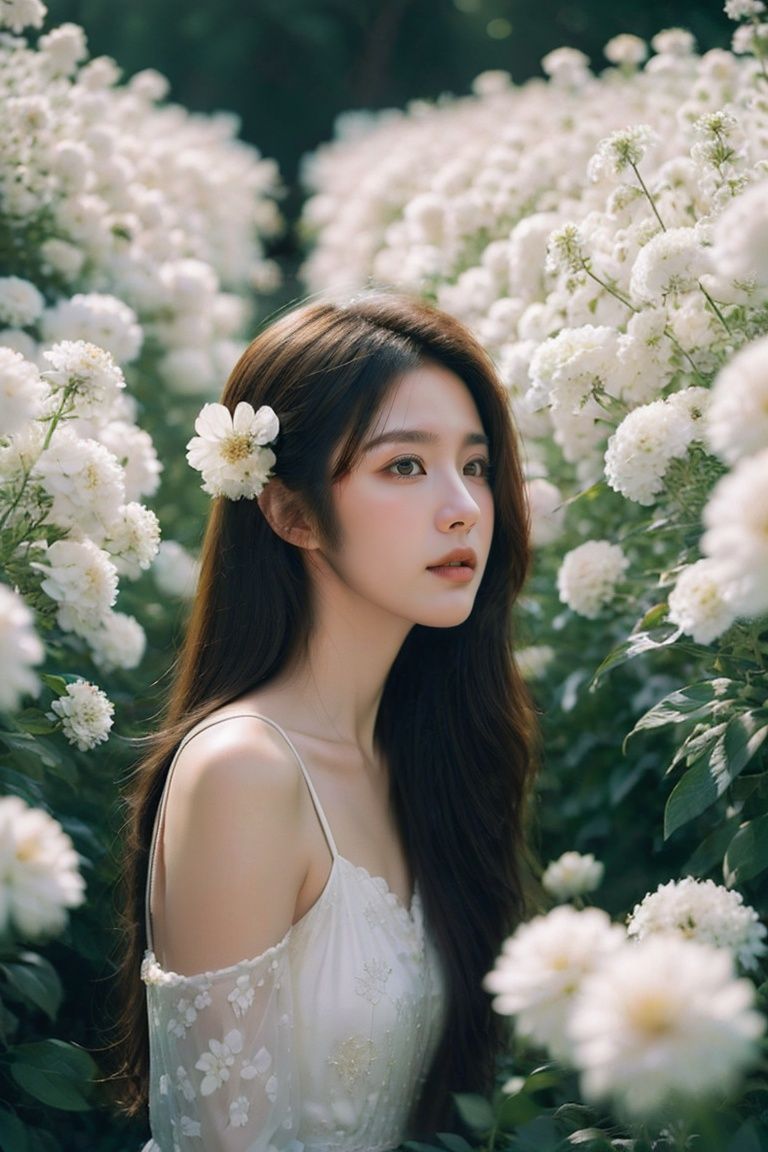 (masterpiece,best quality,ultra high res),(photorealistic:1.4),official art,unity 8k wallpaper,ultra detailed,beautiful and aesthetic,1 girl,lying in the white flowers,girl hiding in flowers and peeking,long hair,white dress,daisy,white flower covering picture,sunlight shining on hair,covered in flowers,facing the camera,natural light,(profile:1.5),<lora:YunyFlower_TEST11-000010:0.8>,YUNY,, (masterpiece,best quality,ultra high res),(photorealistic:1.4),official art,unity 8k wallpaper,ultra detailed, beautiful and aesthetic,