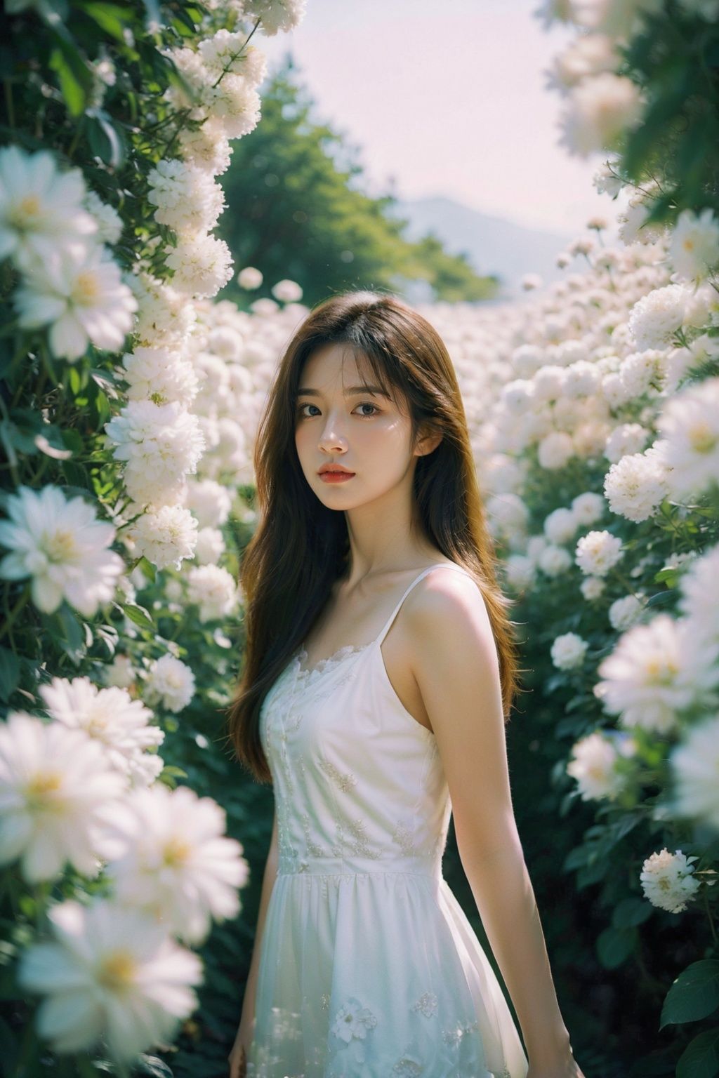 (masterpiece,best quality,ultra high res),(photorealistic:1.4),official art,ultra detailed,beautiful and aesthetic,1 girl,standing in the white flowers,white dress,(white flower:1.1),daisy,white flower covering picture,sunlight shining on hair,facing the camera,natural light,blurry_foreground,blurry_background,<lora:YunyFlower_TEST11-000010:0.75>,YUNY,<lora:zoom_slider_v1(zoom in,zoom out):-5>,<lora:LEOSAM_胶片风_3.0:0.6>,, (masterpiece,best quality,ultra high res),(photorealistic:1.4),official art,unity 8k wallpaper,ultra detailed, beautiful and aesthetic,