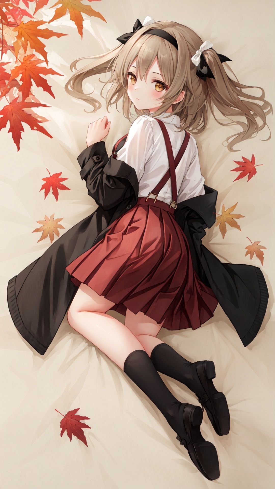 1girl, solo, skirt, coat, shimada arisu, long hair, *****hose, red skirt, looking at viewer, lying, on stomach, shirt, suspenders, hair ribbon, brown eyes, ribbon, bangs, looking back, long sleeves, no shoes, brown coat, blush, black shirt, feet, soles, one side up, ***, closed mouth, casual, bag, leaf, maple leaf, coat removed, pleated skirt, full body, suspender skirt, autumn leaves, simple background, from behind, black ribbon, hairband, open coat, black *****hose, legs up, light brown hair, toes