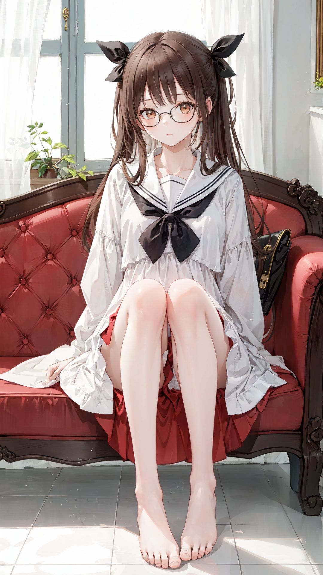 1girl, brown hair, glasses, barefoot, solo, brown eyes, bathtub, sitting, ribbon, looking at viewer, long hair, hair ribbon, sailor collar, couch, bare legs, feet, legs, curtains, cosplay, indoors, white sailor collar, dress