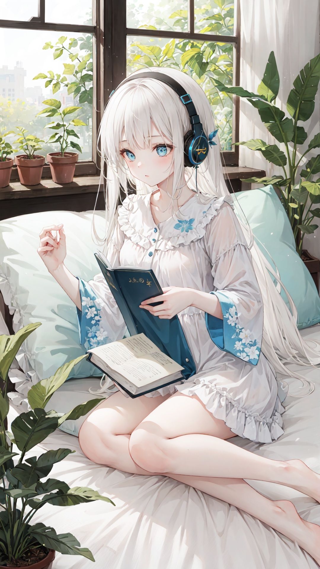 extremely delicate and beautiful,
depth of field, amazing, masterpiece, growth, visual impact,
ultra-detailed,

1girl, long_hair, window, book, pillow, barefoot, solo, plant, very_long_hair, indoors, potted_plant, headphones, cup,
gorgeous, fantasism, nature, refined rendering, original, contour deepening, high-key and low-variance brightness scale, soft light, light and dark interlaced