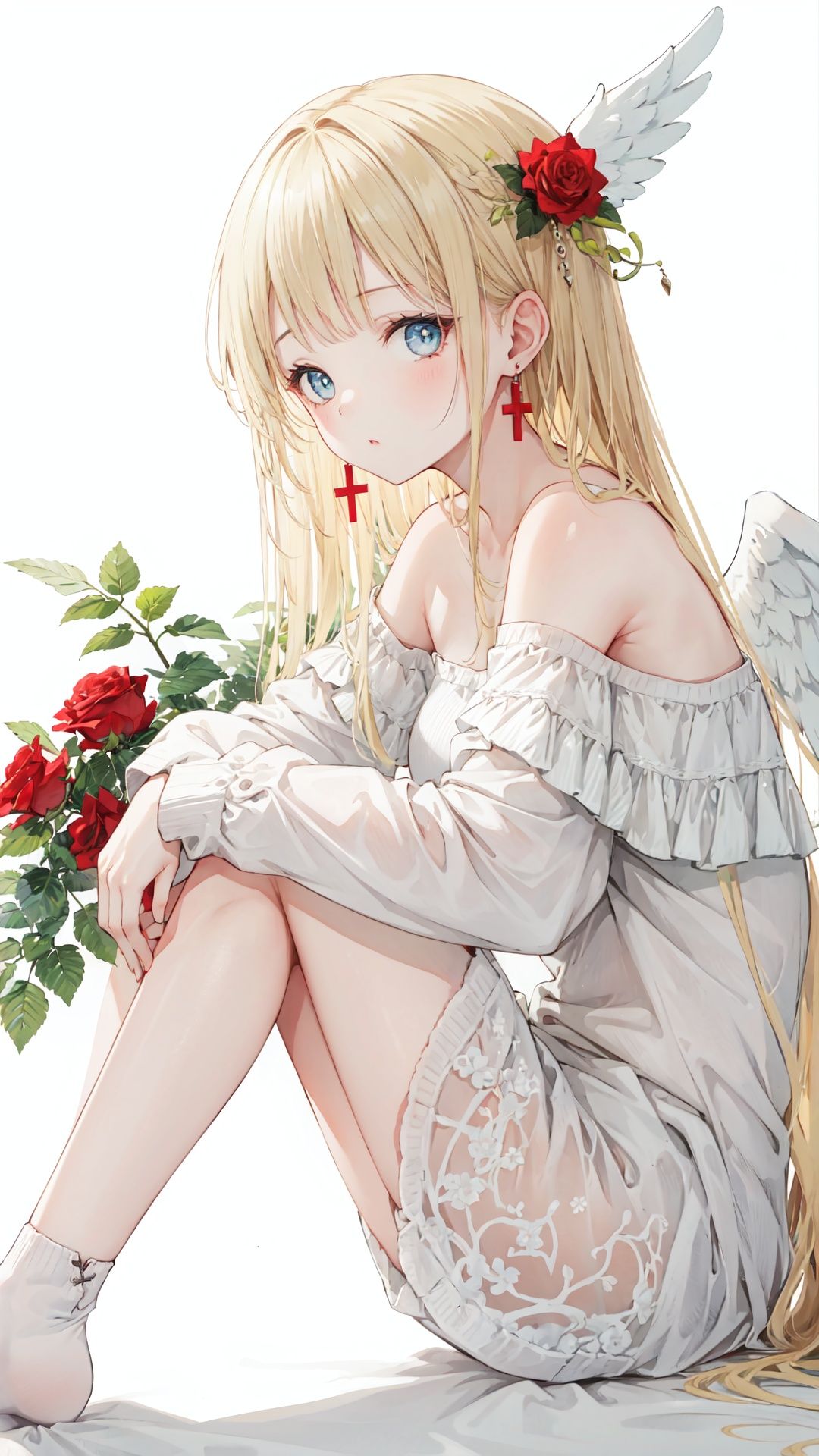  1girl, solo, blonde hair, flower, earrings, jewelry, rose, wings, long hair, looking at viewer, bare shoulders, red flower, shirt, feathered wings, red rose, mouth hold, white flower, white shirt, angel wings, sitting, strawberry, bangs, long sleeves, off shoulder, food, from side, knees up, cross earrings, fruit, cross, white background