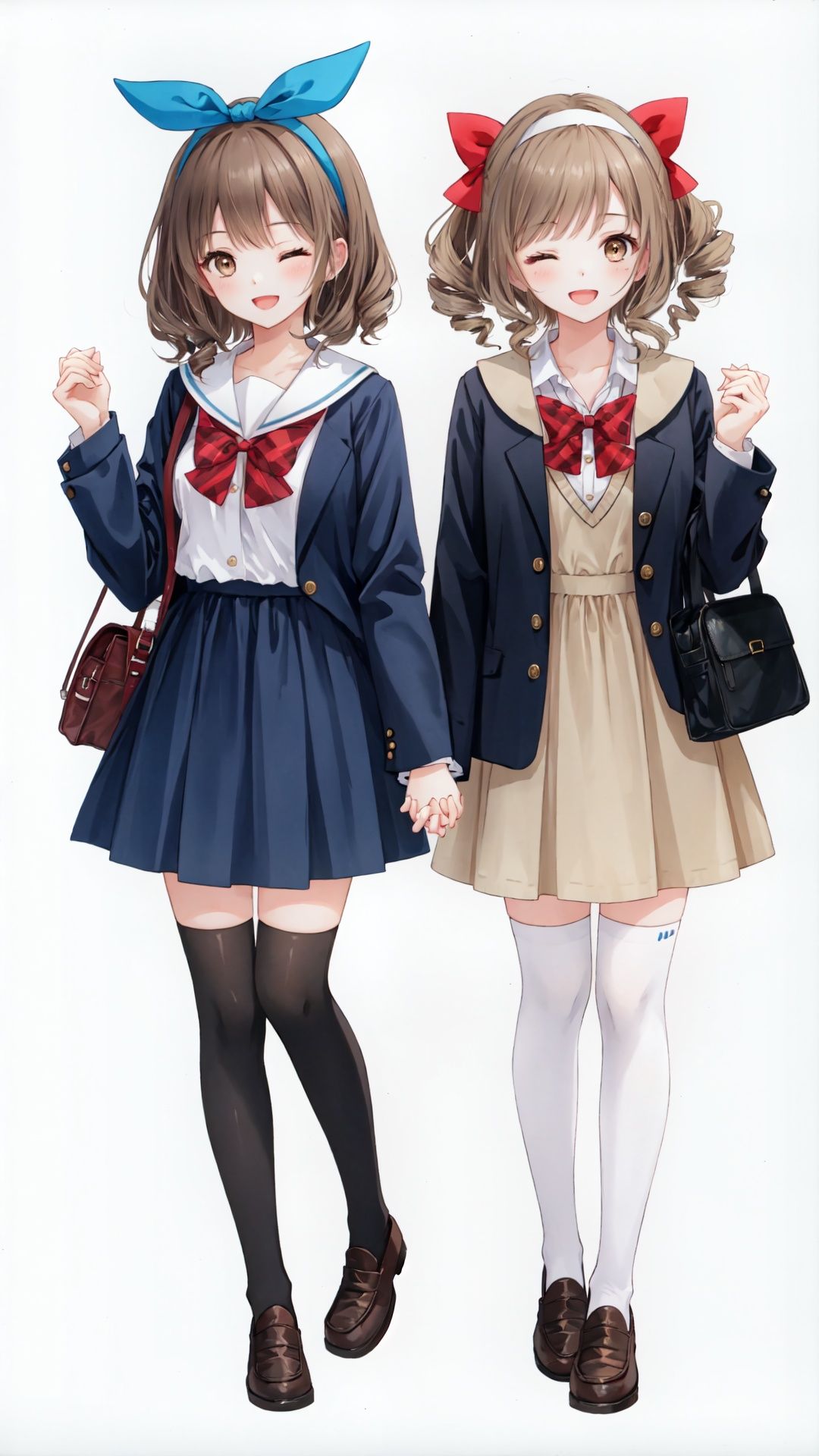 multiple girls, 2girls, brown hair, one eye closed, thighhighs, bag, open mouth, smile, shoes, socks, kneehighs, long hair, brown eyes, holding hands, hairband, ;d, blush, school uniform, dress, full body, looking at viewer, mary janes, ribbon, loafers, short hair, drill hair, zettai ryouiki, blue dress, long sleeves, jacket, bow, interlocked fingers, bangs, hair bow, shoulder bag, standing