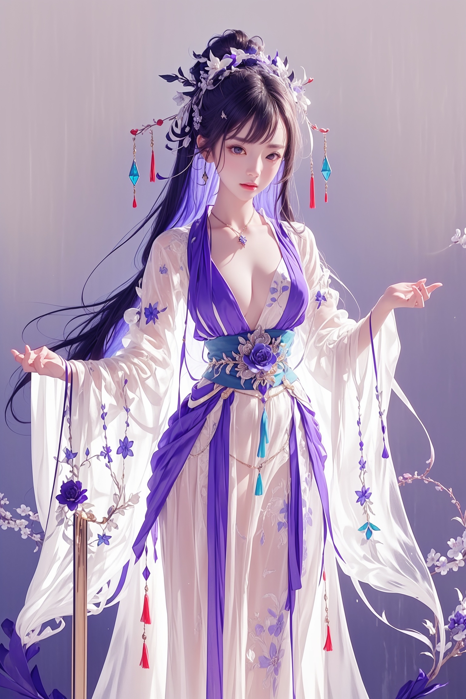 1giel,long hair,jewerly,hanfu,depth of filed,deep shadow,, (((masterpiece,best quality))),((good structure)),((Good composition)), ((clear, original,beautiful)), (clear details, clear light，clear structure),(high res raw,4K,8k),official art,((ultra high res, photorealistic, realistic,best quality,photo-realistic)), ( raw photo, best quality, masterpiece),(photon mapping,  physically-based rendering,automatic white balance),  illustration,CG ,unity ,wallpaper, Amazing, finely detail, an extremely delicate and beautiful,extremely detailed, highly detailed, sharp focus,rich background,Intelligent repair,Third-dimensional sense,rich frame levels,